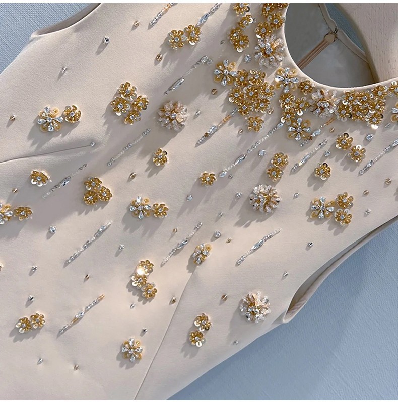 2023 Summer Apricot Solid Color Dress Sleeveless Round Neck Rhinestonekne-Lengen Casual Dresses S3S01M141