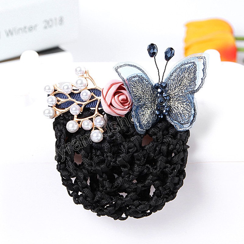 Moda elegante bordado borboleta hairpin acessórios de rede de cabelo para mulheres comissário de bordo headwear corda saco jóias presente