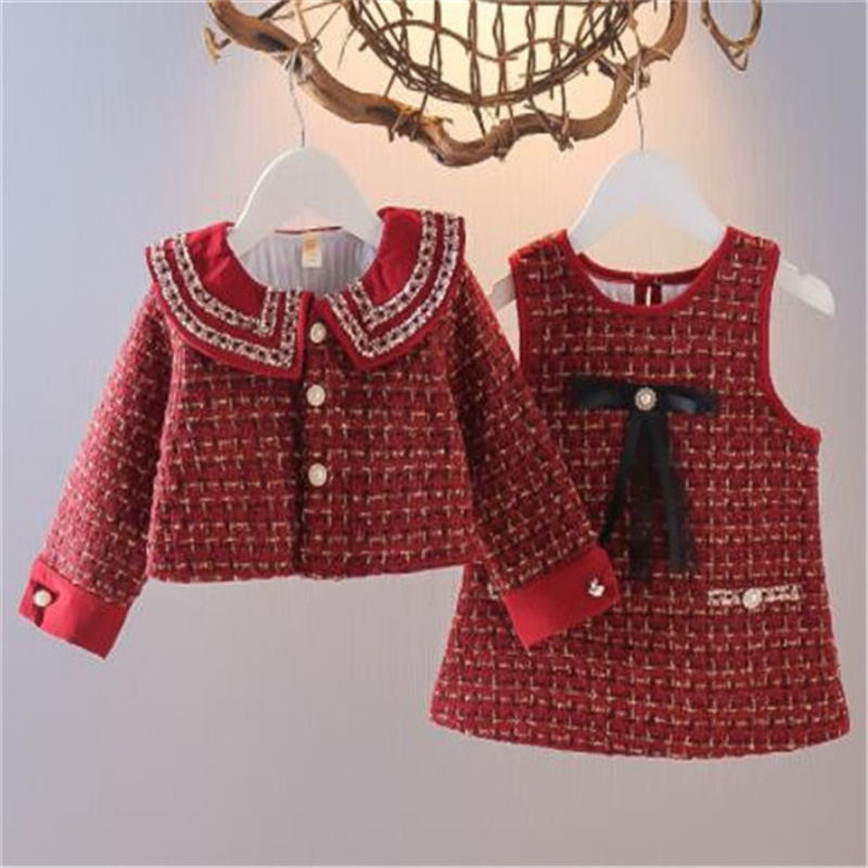 Spring Autumn Kids Girls Clothing Sets Fashion Children Princess Baby Long Sleeve Coat Jacket Tank Dress Suit Outfits