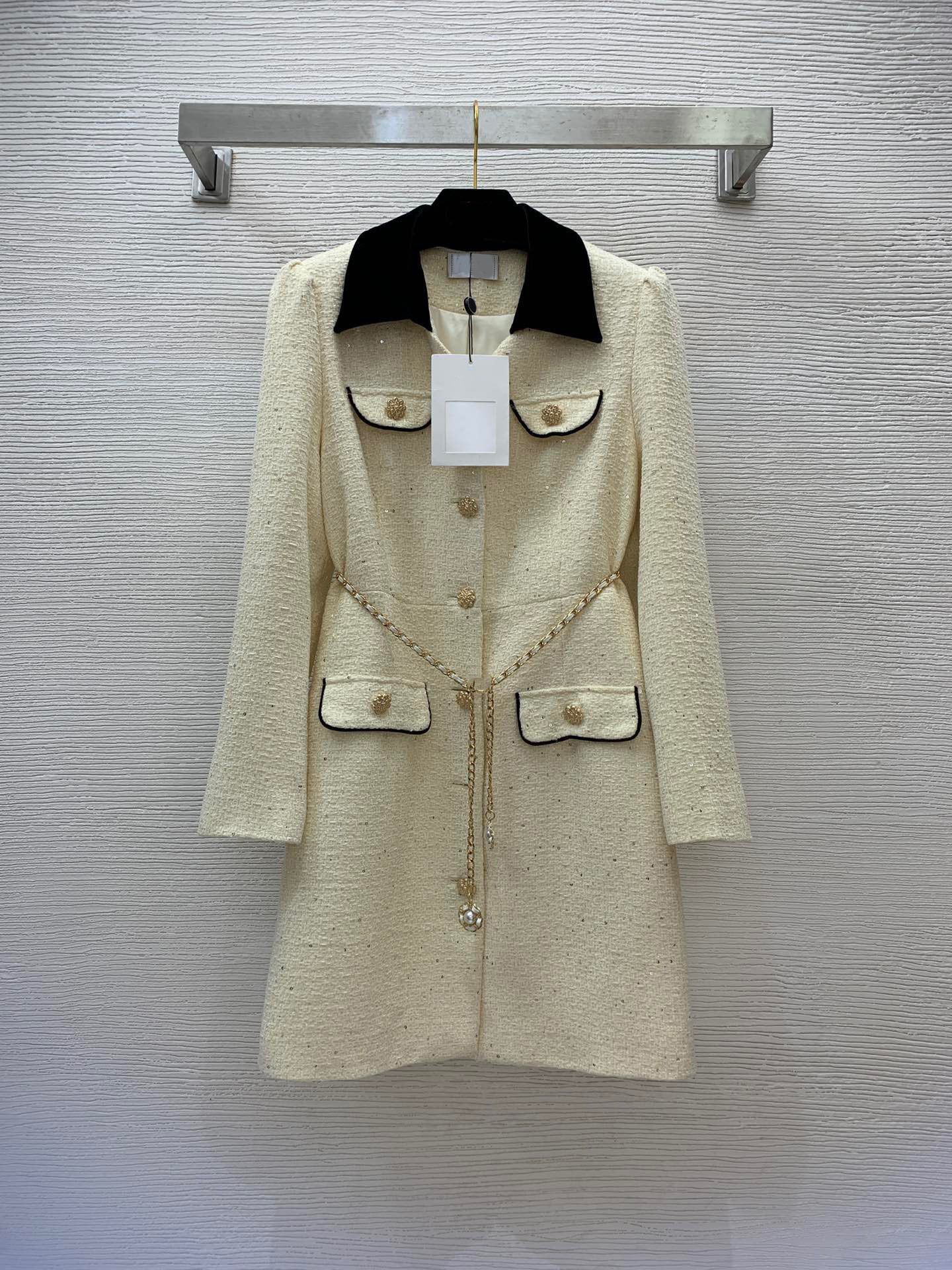 2023 Autumn Black / Beige Solid Color Sequins Belted Tweed Dress Long Sleeve Lapel Neck Buttons Single-Breasted Casual Dresses B3S081807