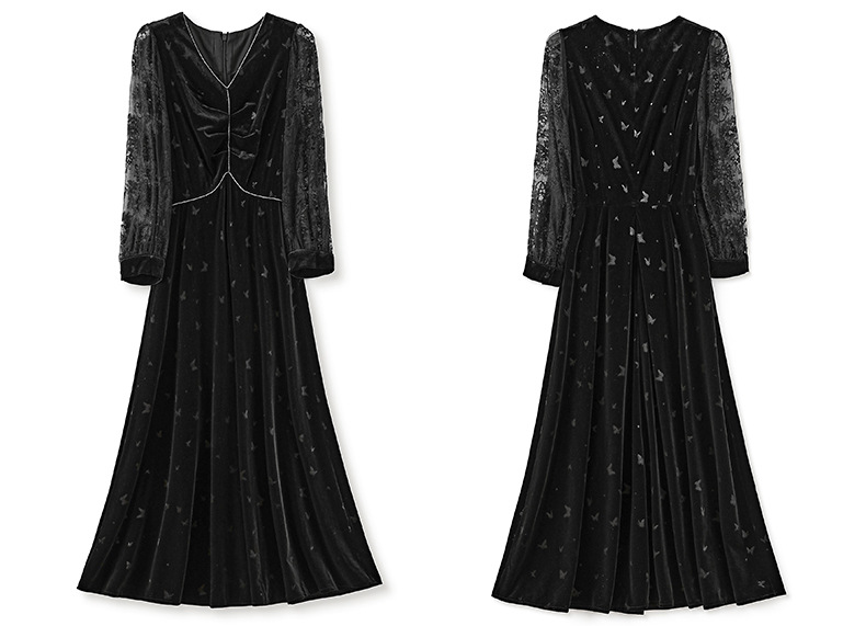 2023 Summer Black Solid Color Panel Dress 3/4 Sleeve V-Neck Lace Kne-Length Casual Dresses S3S08M0932320210