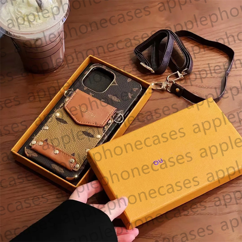 Luxury Crossbody Card Holder Phone Case Designer iPhone Case for iPhone 15 14 13 12 11 Pro Max X XR XS 7 8 14Plus 14promax 13promax Cases Leather Rivet Wallet Mobile Cover