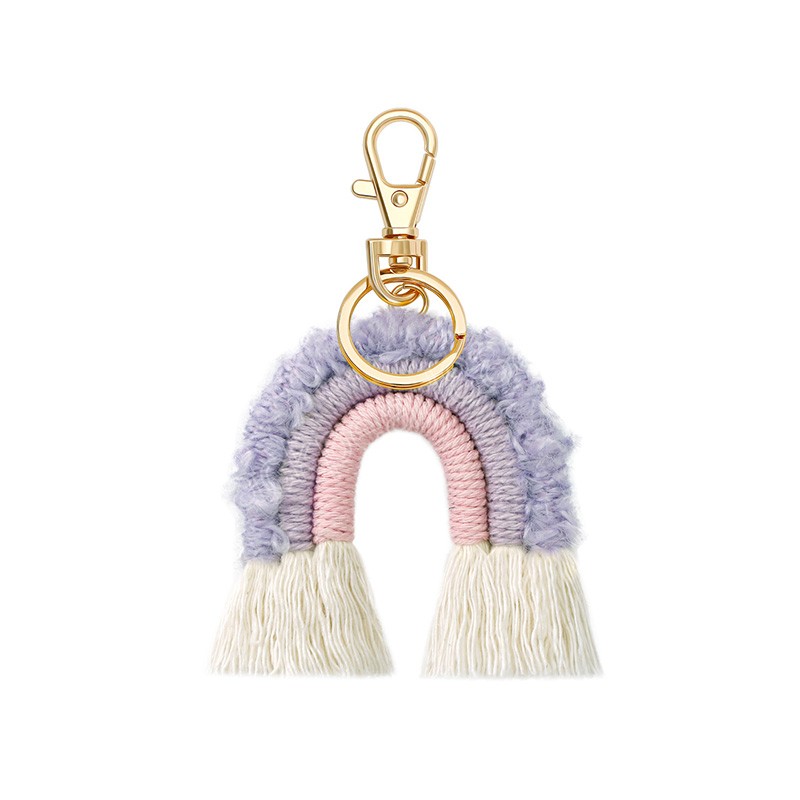 Porte-clés bohème arc-en-ciel en peluche avec pompon, fait à la main en fil de coton, porte-clés à breloques pour femmes, anneaux, cadeaux de noël