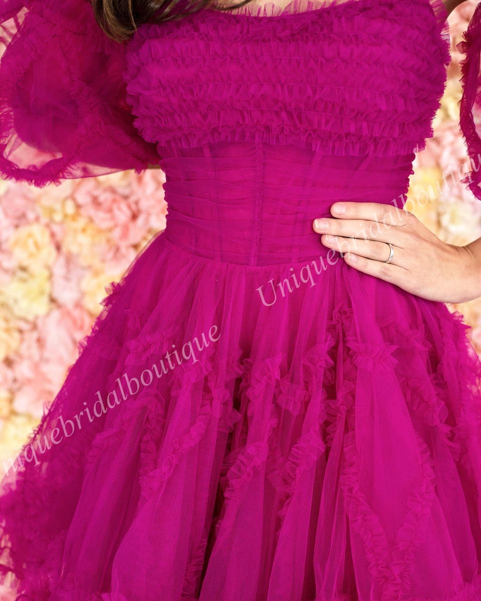 Magenta Homecoming Dress 2K24 Short Hoco Ruffed Ballon Sleeves Sheer Corset Drama 졸업 칵테일 파티 웨딩 게스트 휴가 클럽 Black-Tie Gala Prom Lilac