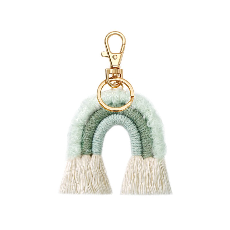 Porte-clés bohème arc-en-ciel en peluche avec pompon, fait à la main en fil de coton, porte-clés à breloques pour femmes, anneaux, cadeaux de noël