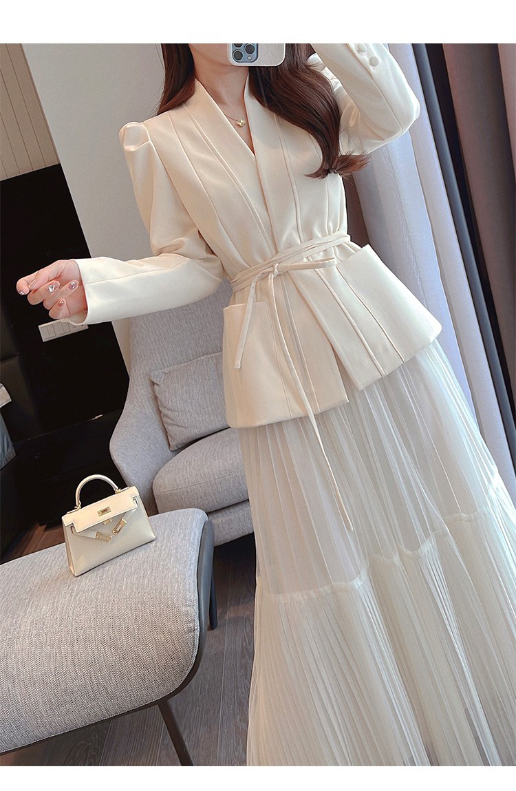 Платье из двух предметов для подиума, осенний новый костюм с юбкой, женский элегантный корейский модный пиджак на шнуровке, длинная сетчатая юбка, повседневная вечеринка 2-258z