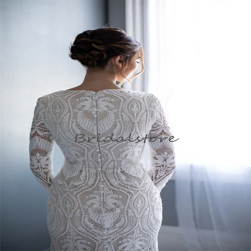Plus Size Crochet Lace Wedding Dress 2023 Long Sleeve Mermaid Bohemian Sweep Train Korean Muslim Bridal Gowns Boho Gatsby Bride robe mariee Femme vestido de noiva