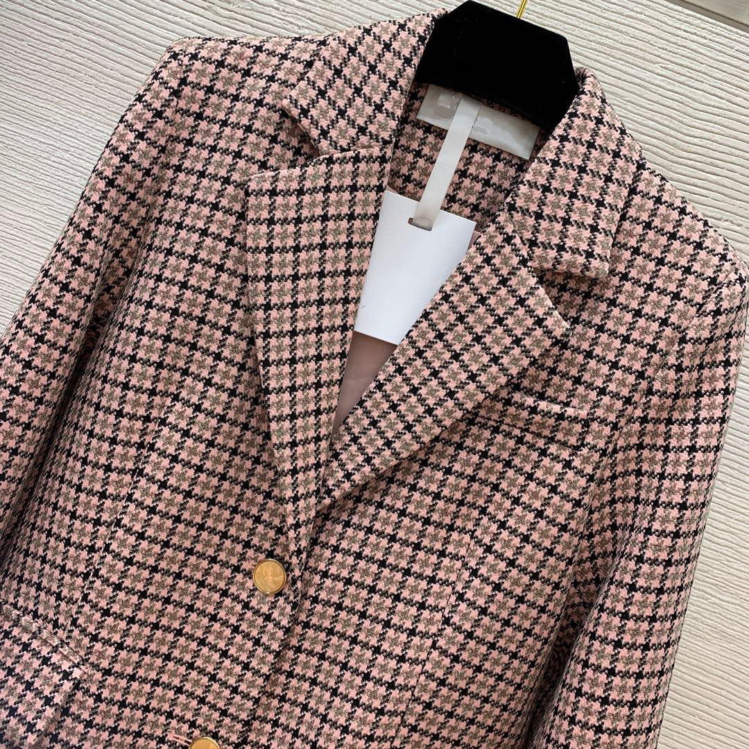 2023 Autumn Khaki Houndstooth dwuczęściowe zestawy sukienki z długim rękawem haft haftowy Blazery Top High talia Pleted Long Spirt Zestaw Dwuczęściowe garnitury B3S081807