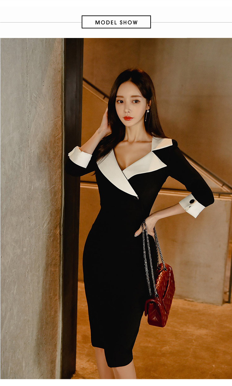 2024 Elegant Black Bodycon Pencil Dress - Notched Neck, Slim Fit, Office Business Attire for Women