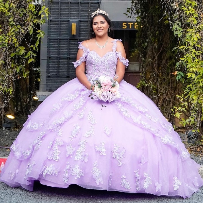 Lavendel mexikanische Quinceanera-Kleider, handgefertigt, 3D-Blumenapplikation, Spitze, Geburtstag, Prinzessin, formelle Ballkleider, Vestidos XV Anos