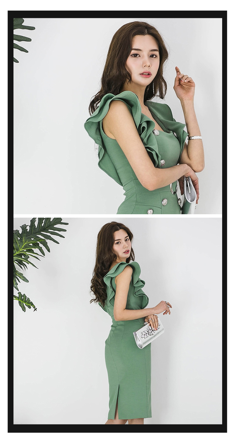 Grundläggande casual klänningar sommar varm försäljning sommar eleganta damer dubbelbröst rufsed blyerts bodycon klänning mode gröna affärsfest klänningar 2024