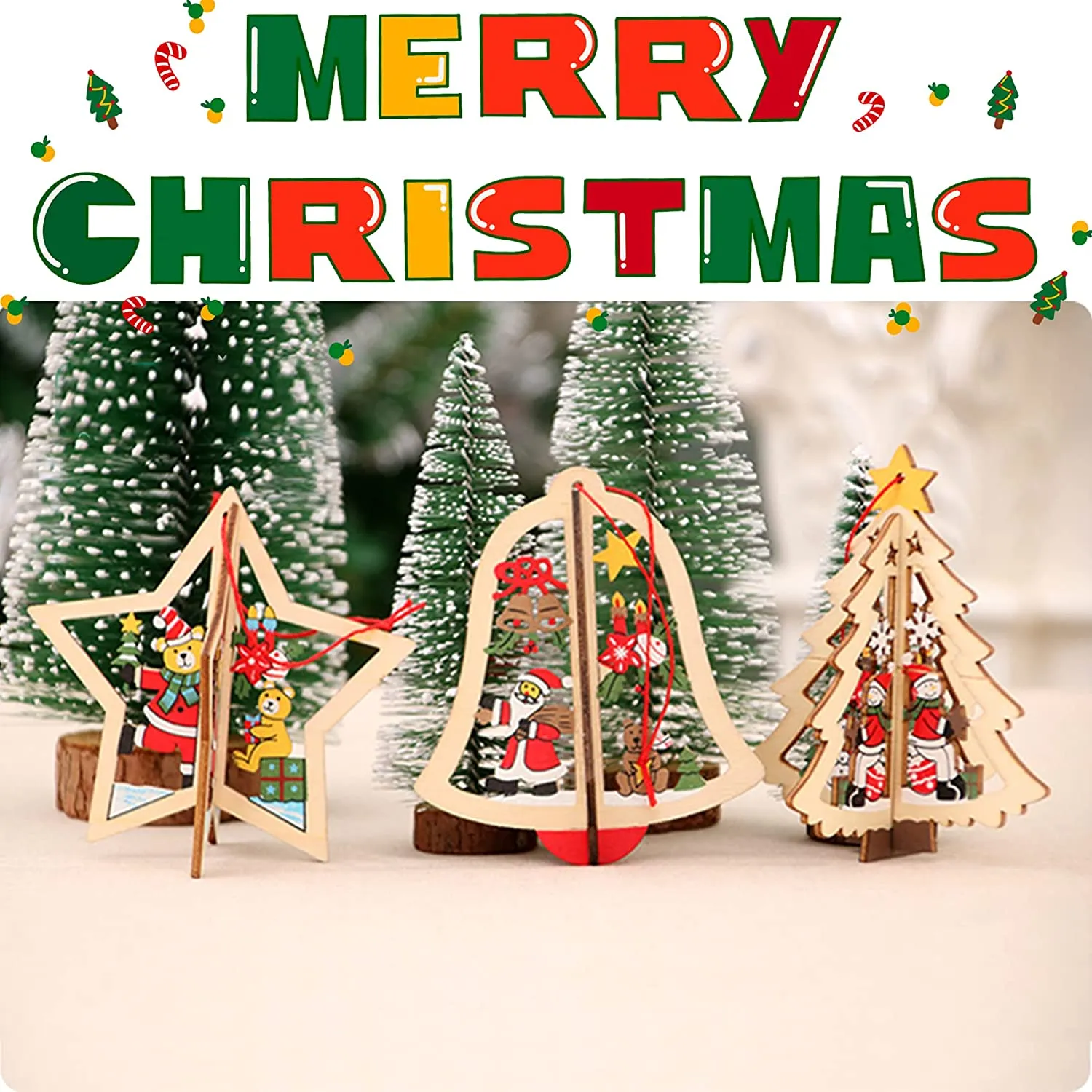 3D wooden Christmas Pendant for Christmas Tree Decoration Wooden Hanging Crafts for children Wood Christmas ornaments