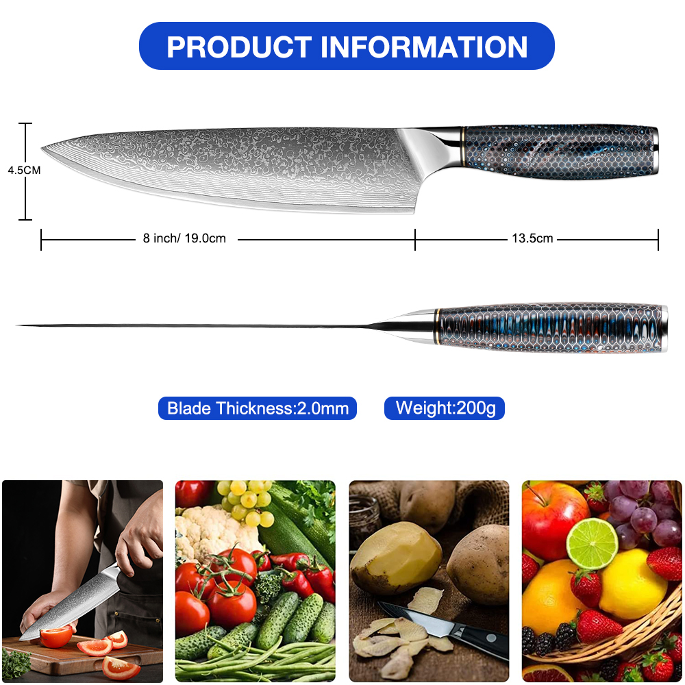 日本のシェフナイフ8インチダマスカスナイフプロの包丁ウルトラシャープスチールブレード耐久性カッティングコア、肉寿司