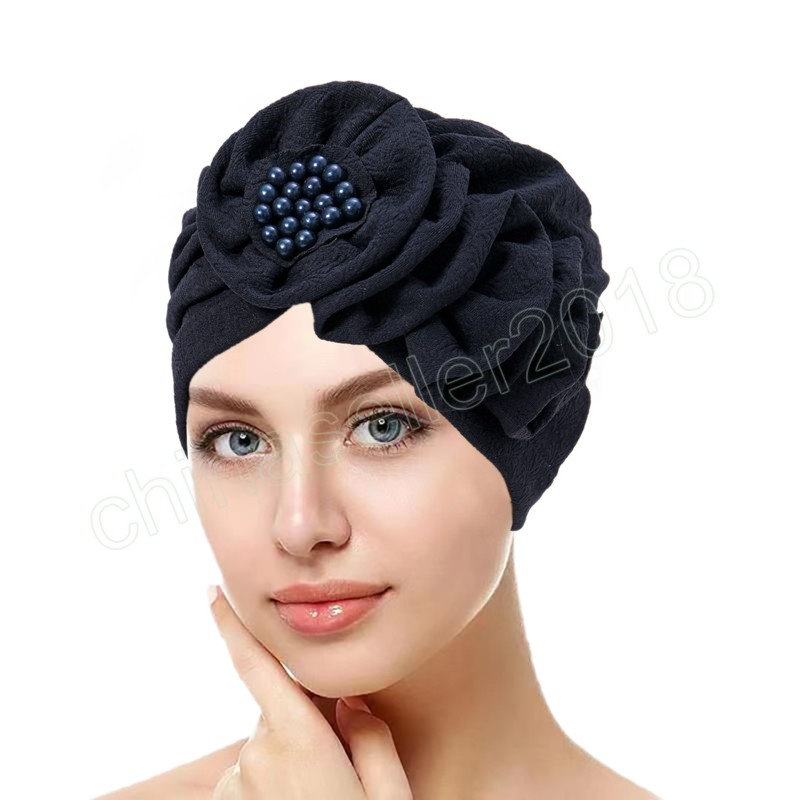 Big Flowers Turbans for Women Pearls Hijabs Bonnet Muslim Hat Fashion Chemo Cap håravfall Wrap Head Indian Hat Inner Cover