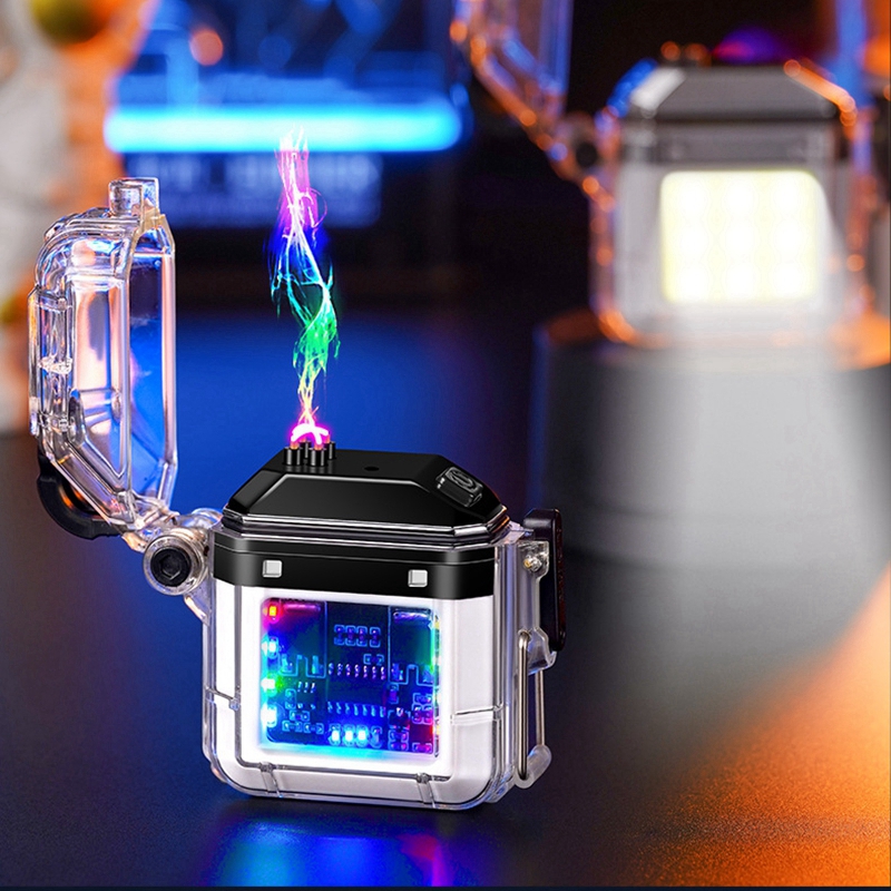 Neue Rauchen bunte transparente Haut Zinklegierung Feuerzeuge trockene Kräuter Tabak Zigarettenspitze tragbare wasserdichte Taschenlampe LED Lampe USB Ladung Dual ARC Feuerzeug