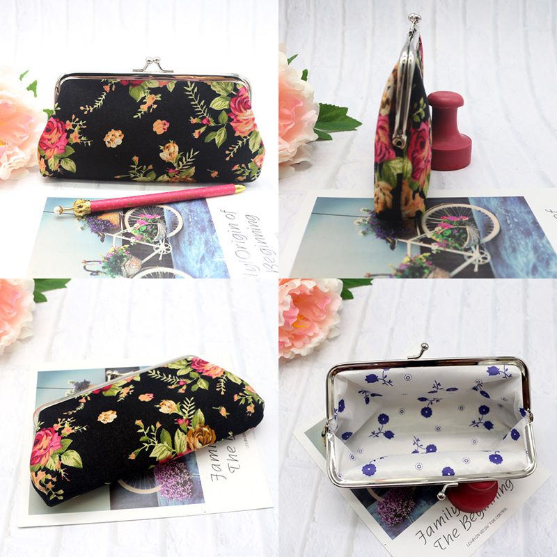 Kvinnor Canvas Fabric Big Rose Mönster Zero Coin Purse Two Metal Button Pocket Coin Pouch Key Kreditkort Holde Telefonfodral Plånbok Party Favor Gift