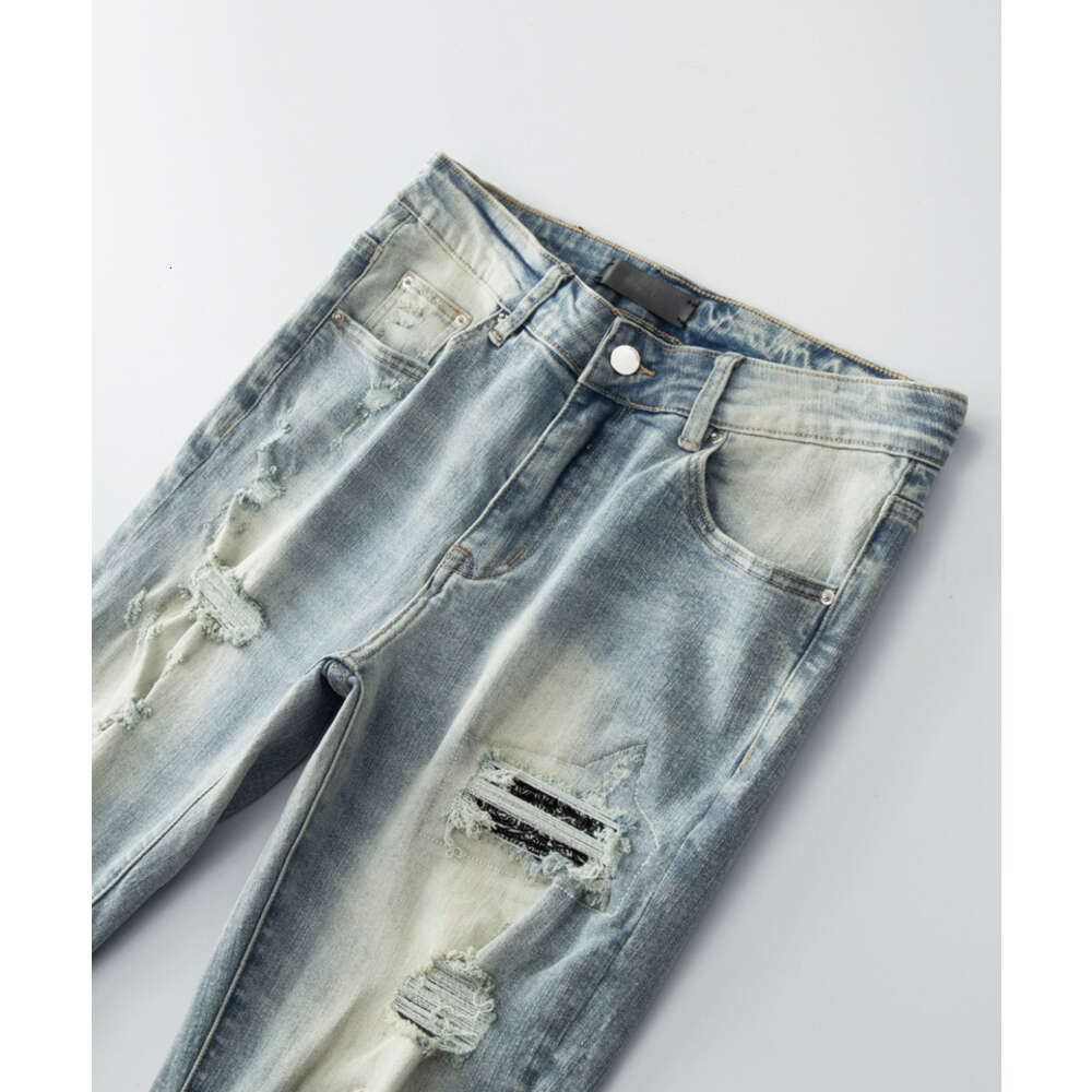 Denim amiryes jeans designer byxor man mens jean thom amerikan high street lera lera gul sliten cashew blomma trasig hål lapp live nätverk röd asyd