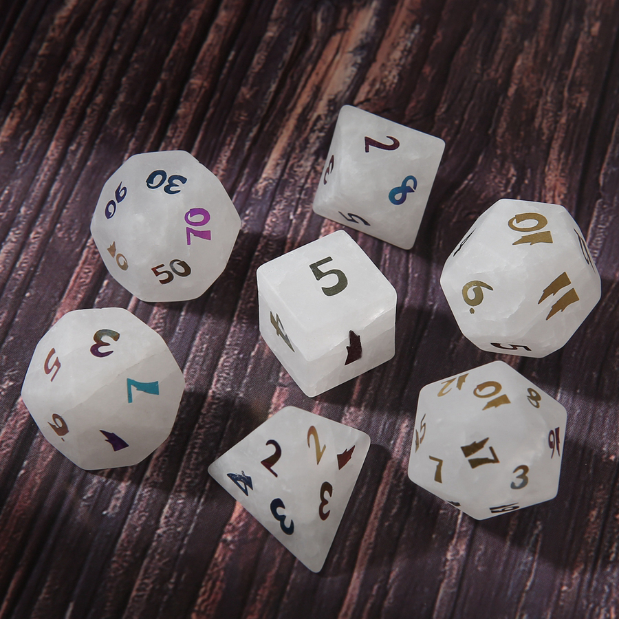 Conjunto de dados com pedras preciosas soltas poliédricas de cristal branco natural, 7 peças, Dungeons Dragons, chapeamento de fontes, conjunto de dados de pedra, DND RPG, jogos, ornamentos, produtos personalizados por atacado