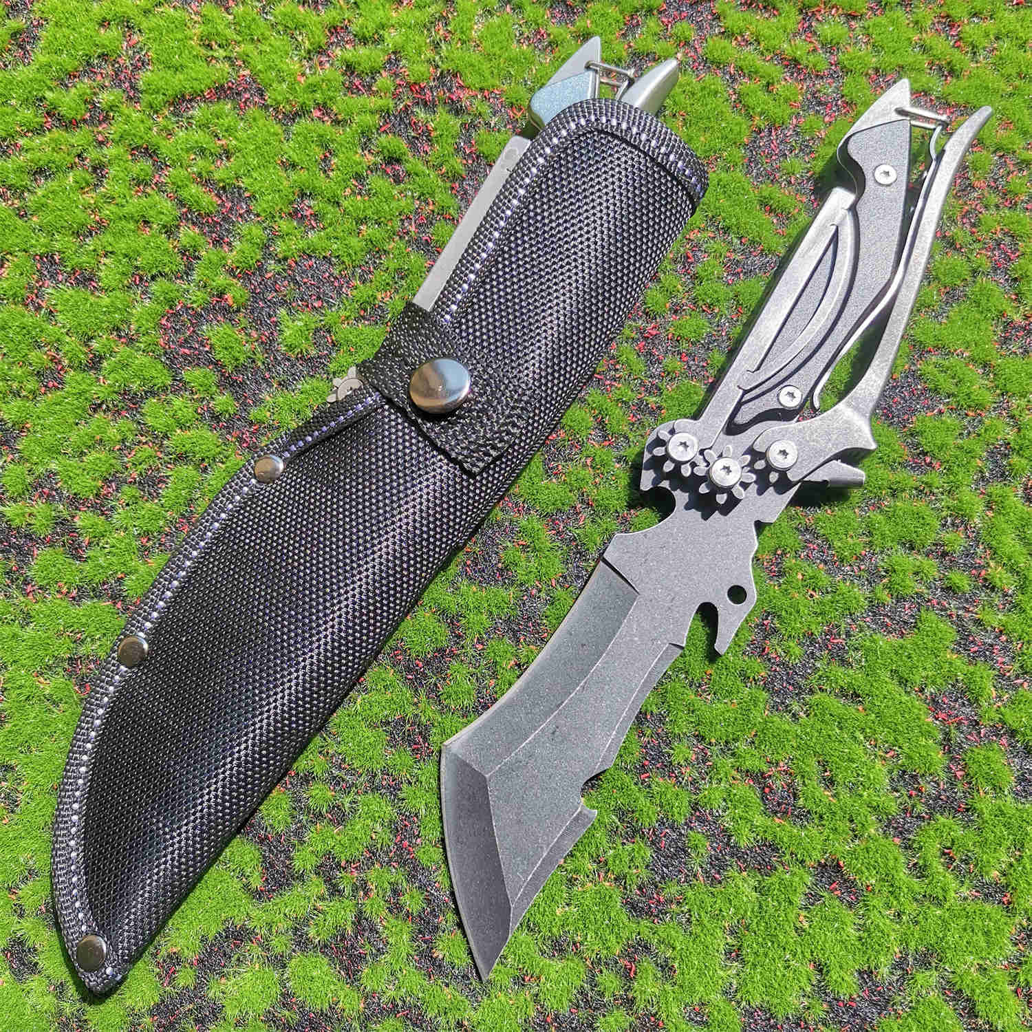 스테인리스 스틸 다기능 야외 나이프 가위 전술 직선 칼 기계식 접이식 나이프 가위 교환 가능