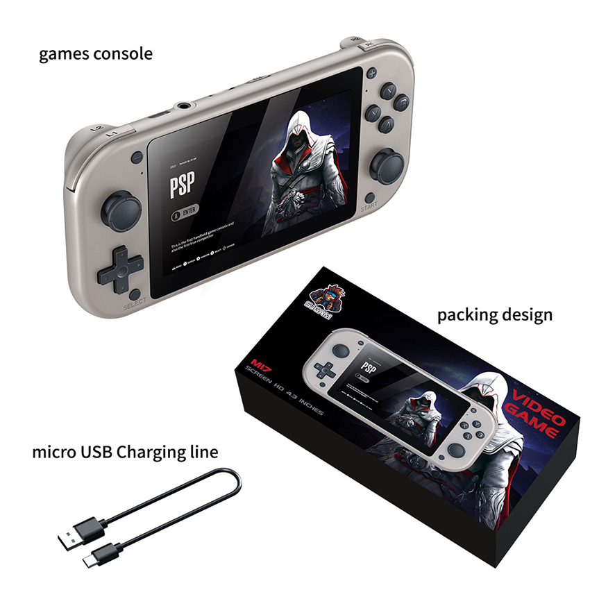 M17 핸드 헬드 게임 플레이어 4.3 인치 HD 화면 쿼드 코어 EMUELEC 시스템 10000 PS1 PSP 25 에뮬레이터 용 게임 레트로 스트리트 전투기 휴대용 비디오 게임 콘솔