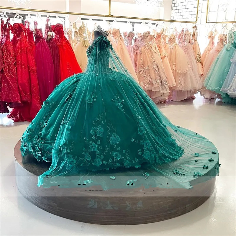 Emerald Green 3D Flowers Princess Quinceanera Dresses 2023 With Detached Cape Beading Crystal Sweet 16 Birthday Dress Vestido