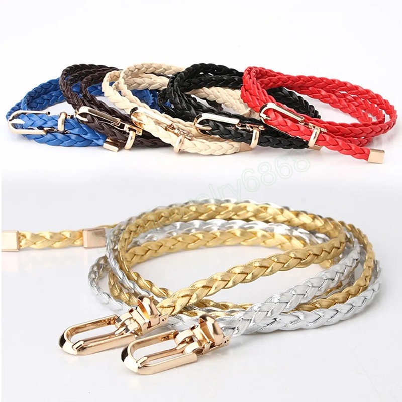 Knitted PU Leather Belt Thin Weave Waist Belt Braided Decorative Solid Color Adjustable Alloy Pin Buckle Women Waistband Belts