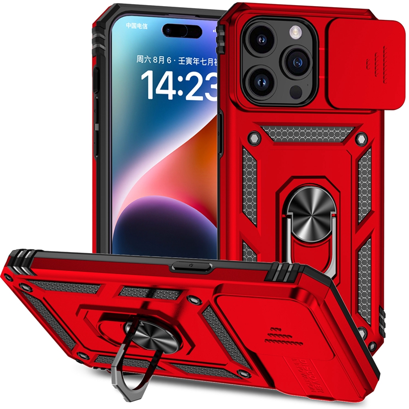 Peep Protection Car Holder 케이스를위한 슬라이딩 커버 iPhone 15 Pro Max 14 Plus 13 11 x XS XR 8 7 6 금속 손가락 링 브래킷 하이브리드 PC TPU 헤비 듀티 충격 방지 커버