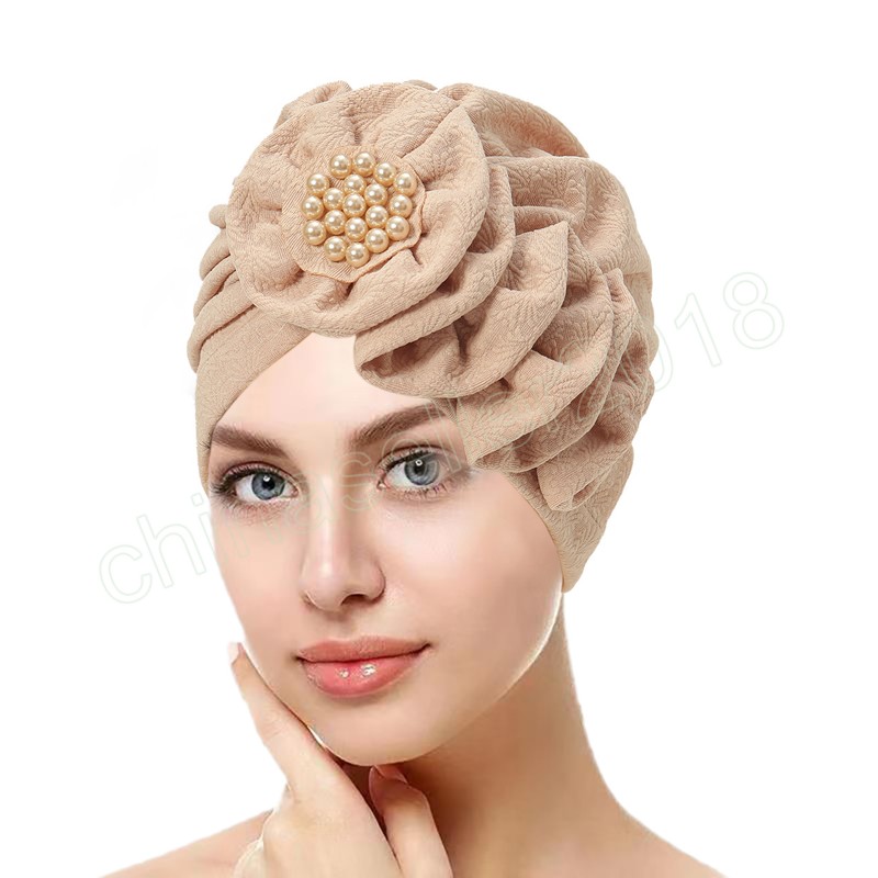 Big Flowers Turbans for Women Pearls Hijabs Bonnet Muslim Hat Fashion Chemo Cap håravfall Wrap Head Indian Hat Inner Cover