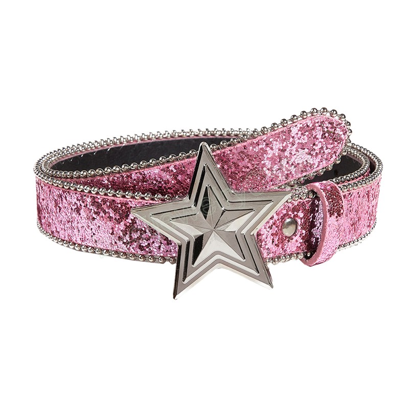 Y2k Cintura con fibbia a stella con strass e paillettes Cintura in pelle regolabile tinta unita punk in metallo pentagramma cinturino da donna