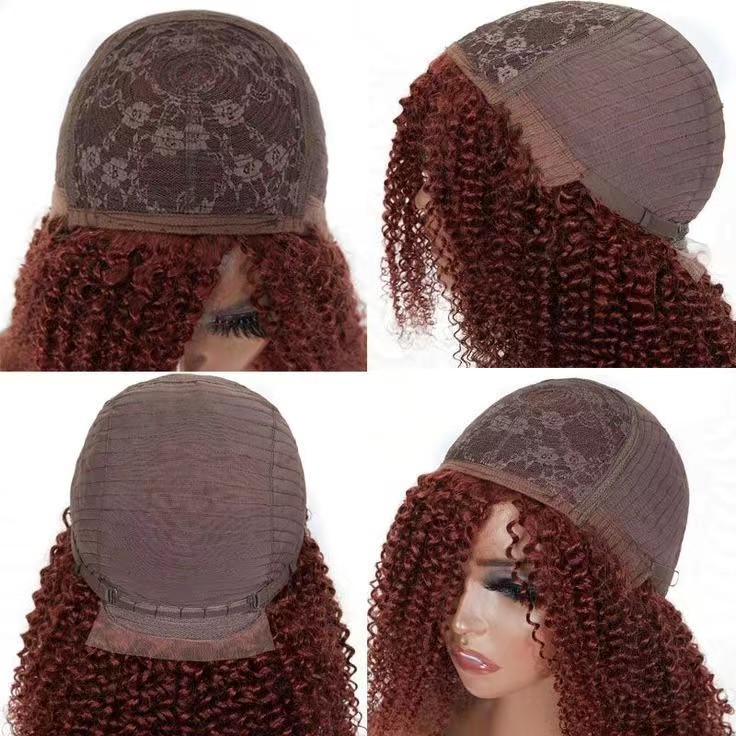 Abrun kinky encaracolado cheveux humain peruca de cabelo cobre humano marrom avermelhado afro kinky encaracolado peruca com franja peruano máquina feita bang peruca cabelo humano