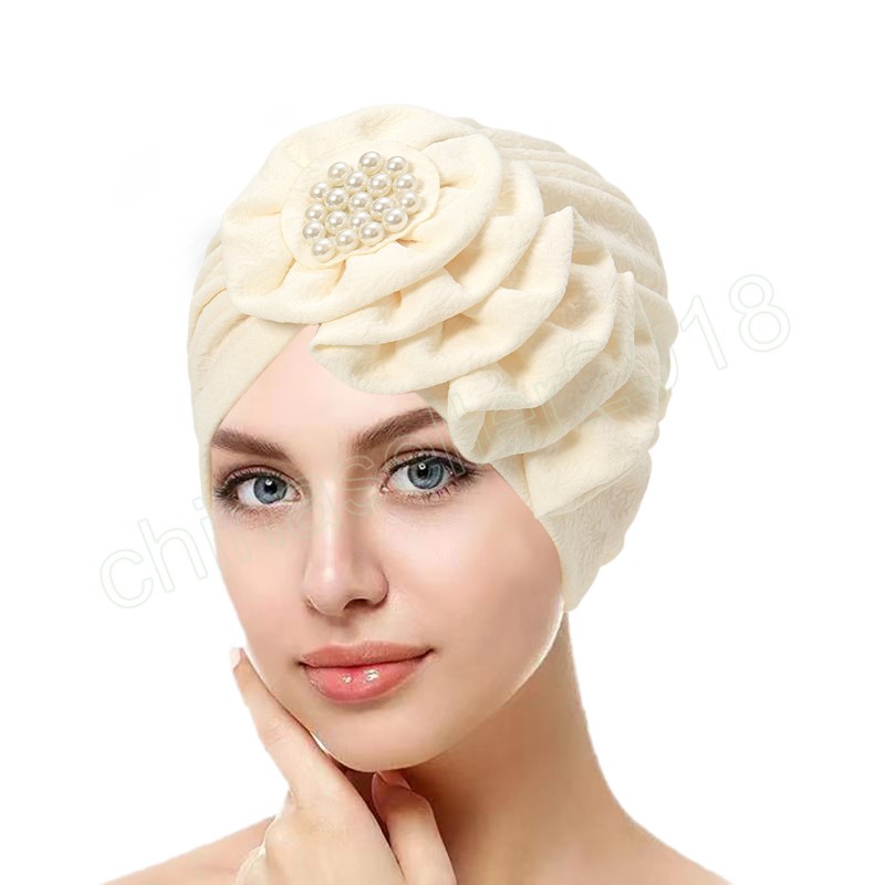 Big Flowers Turbans for Women Pearls Hijabs Bonnet Muslim Hat Fashion Chemo Cap håravfall Wrap Head Indian Hat Inner Cover