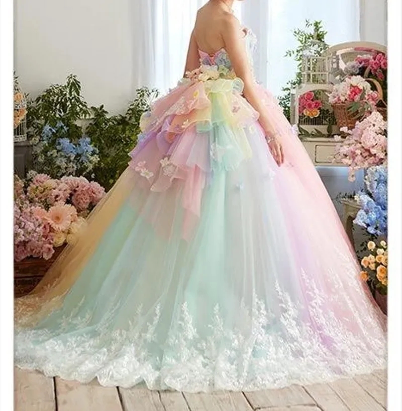 Pretty Colorful Rainbow Tutu Prom Dresses 3D Flower Lace Puffy Ball Gowns Vestido Formatura Abiye Ruffles Evening Gowns Vestidos de Novia