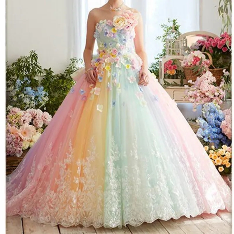 Pretty Colorful Rainbow Tutu Prom Dresses 3D Flower Lace Puffy Ball Gowns Vestido Formatura Abiye Ruffles Evening Gowns Vestidos de Novia