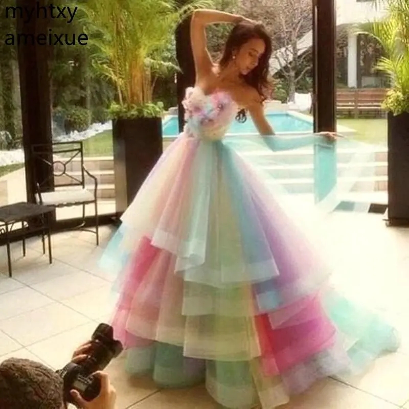 플로럴 레인보우 댄스 Floral Rainbow Prom Dress 고품질 볼 가운 연인 연인 긴 얇은 명주 그 특별한 날 공식적인 이브닝 파티 가운 멍청이 드 노비아