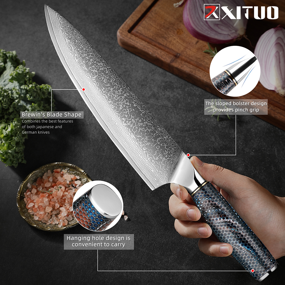 Japansk kockkniv 8 tum Damascus Knife Pro Kitchen Knives Ultra Sharp Steel Blade Dålig skärning Kärnan för Veg, Meat Sushi