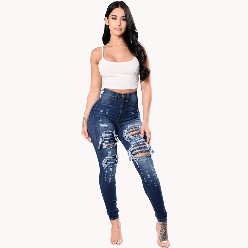 Designer Denim Pants Women Ripped Jeans Plus size 3XL Fall Winter Bodycon Pants Fashion Washed Holes Blue Long Trousers Bulk Wholesale Clothes 10124