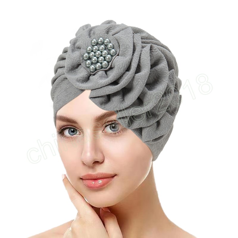 Big Flowers Turbans for Women Pearls Hijabs Bonnet Muslim Hat Fashion Chemo Cap håravfall Wrap Head Indian Hat Inner Cover