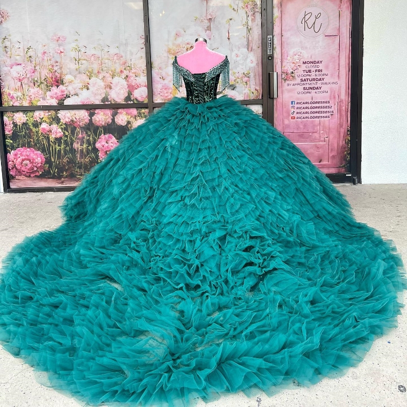 Abito da principessa Quinceanera con paillettes verde nerastro Abito da ballo con perline e spalle scoperte Abito da festa del quindicesimo Tull Coda staccabile Abito dolce 16