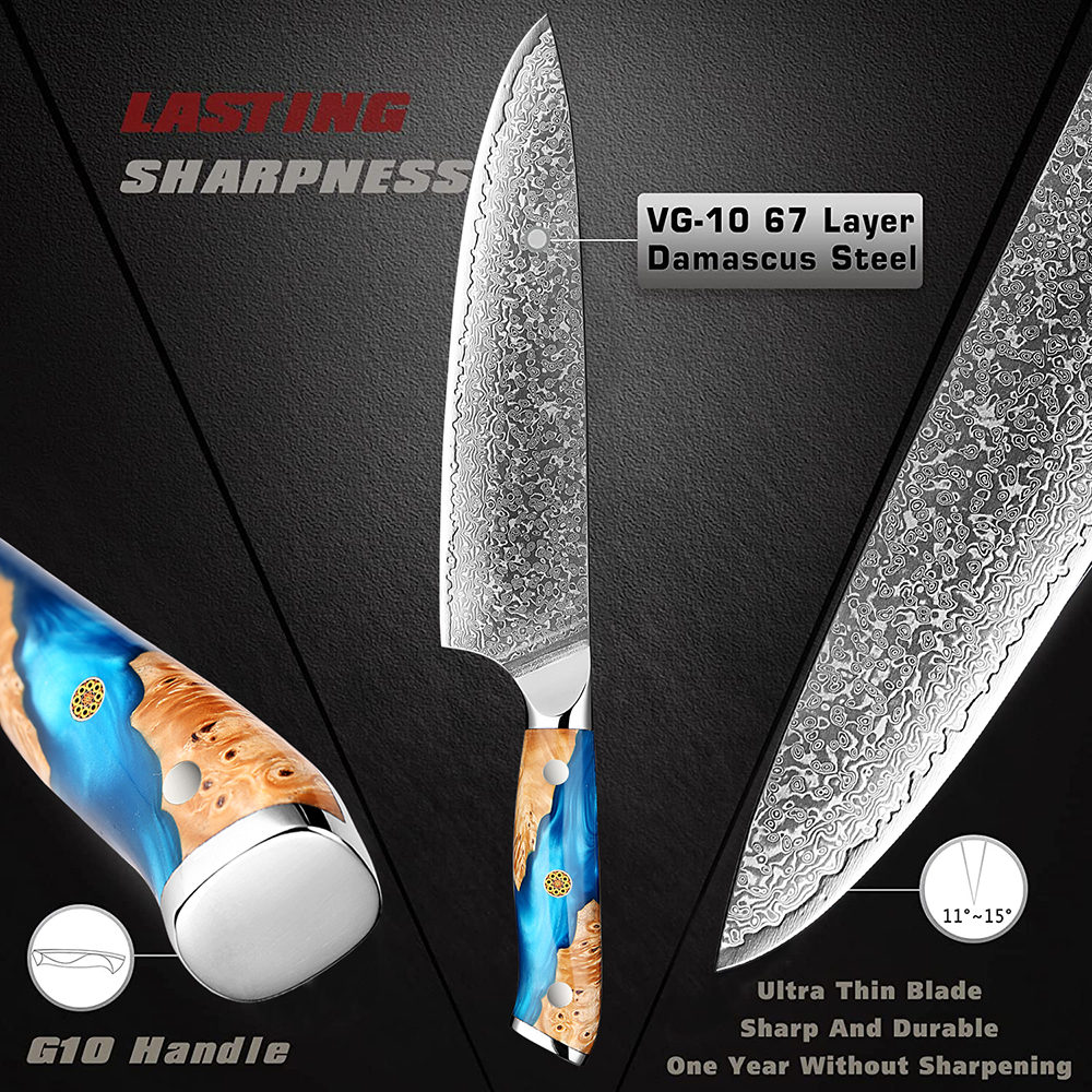 Xituo Chef Knife 8Inch Damascus Kök Knife Full Tang Handle Pro Sharp VG10 Japanese Steel Meat Sushi Kniv Kock Skivkniv