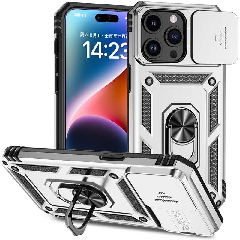 Schiebeabdeckung für Peep-Schutz, Autohalterung, Hüllen für iPhone 15 Pro Max 14 Plus 13 12 11 X XS XR 8 7 6, Metall-Fingerringhalterung, Hybrid-PC-TPU, robuste, stoßfeste Abdeckung