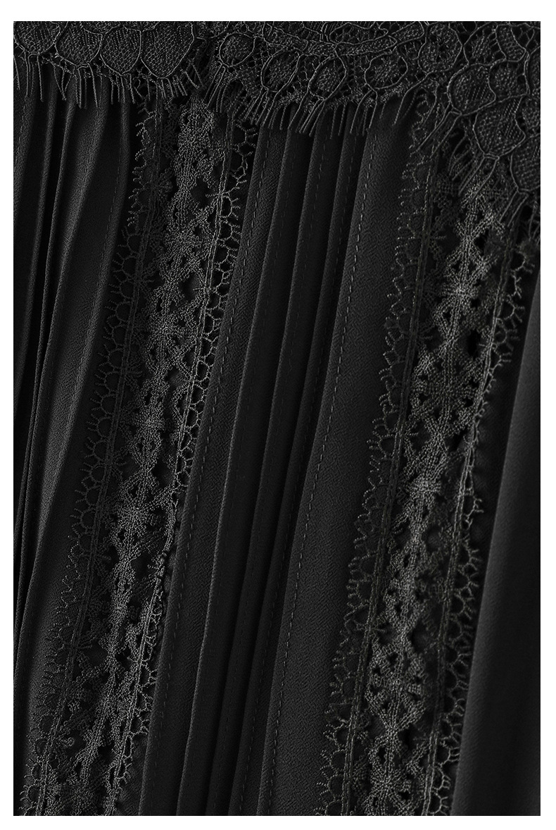 2023夏のブラックソリッドカラードレス長袖丸いネックレースミディカジュアルドレスS3S08W09081101