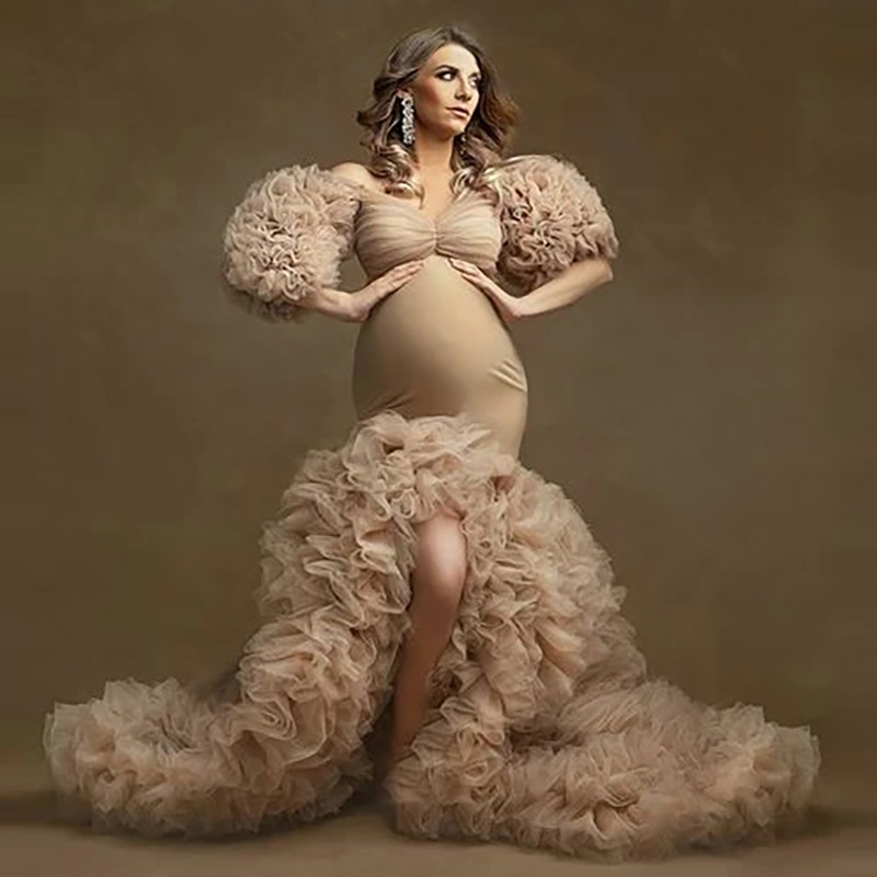 Vestidos de maternidad nupciales con volantes florales sexis con abertura y manga acampanada elásticos hechos a medida vestidos de fiesta de sirena para mujer imagen Real