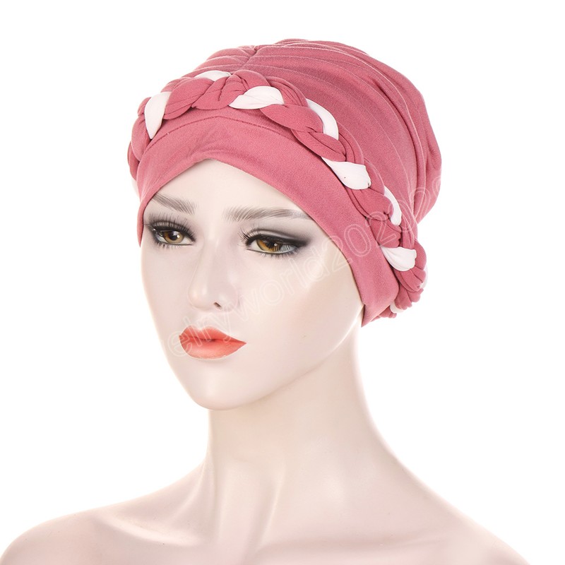 Gorro de turbante musulmán de doble Color para mujer, gorro trenzado, gorro plisado, accesorios para el cabello