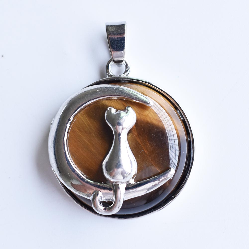 Pendentif chat lune à la mode pour collier rond en pierre naturelle, chaton mignon, bijoux porte-bonheur adaptés aux colliers pour femmes, cadeau