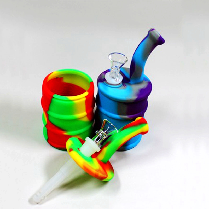 New Colorful Smoking Silicone Bong Pipes Kit Portable Oil Drum Style Travel Bubbler Herb Tobacco Handle Filter Funnel Spoon Bowl Oil Rigs Waterpipe Dabber Holder DHL