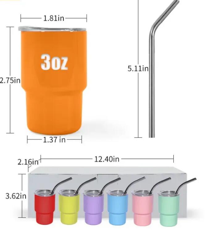 USA magazijn sublimatie 3oz borrelglas met metalen rietje 12 kleuren roestvrijstalen beker dubbelwandige kinderwaterfles reismokken kopjes wijnglazen