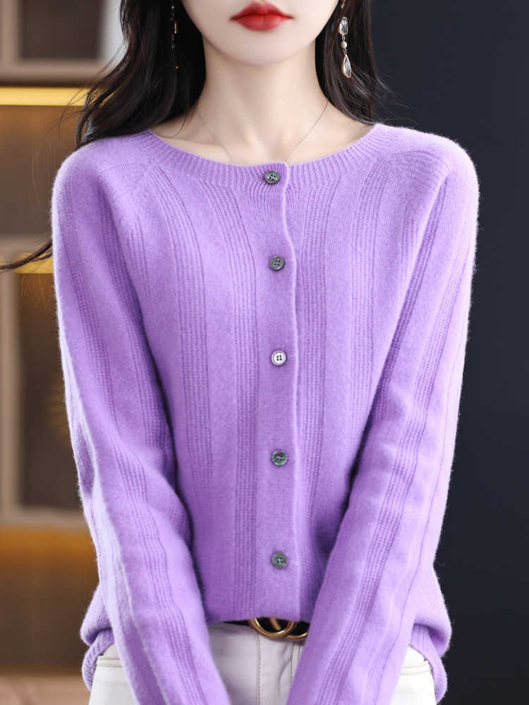 ALISELECT moda 100% merynosowa wełna Top Kobiet Knitte Sweter O Neck Full Sleeve Autumn Winter Clothing Cardigan Striped Knitwear