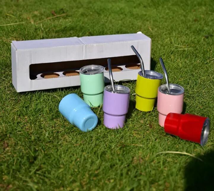 Verre à shot de sublimation de 3 oz avec paille en métal 12 couleurs Gobelet en acier inoxydable à double paroi pour enfants Bouteille d'eau Tasses de voyage Tasses Verres à vin