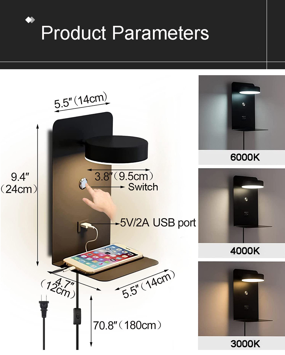 LED-Wandleuchte mit Schalter und USB-Ladeanschluss, moderne 9 W, Schwarz, Weiß, Gang, Schlafzimmer, Nachttisch, Kunstbeleuchtung, Dekoration, Wandleuchten