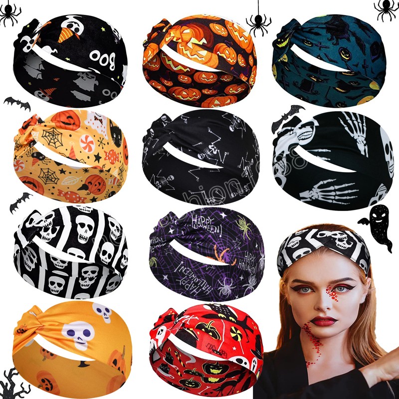 Повязка на голову с принтом на Хэллоуин, широкая эластичная повязка для волос с рисунком тыквы, тюрбан с рисунком для девочек, головной убор, мягкая бандана